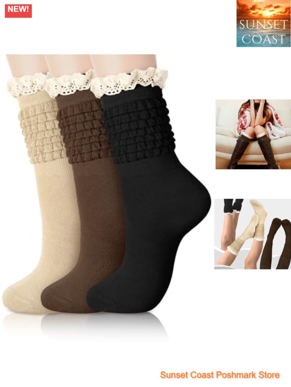 Knee High Lace Boot Socks Cotton Blend 3 Pair Slouch Womens